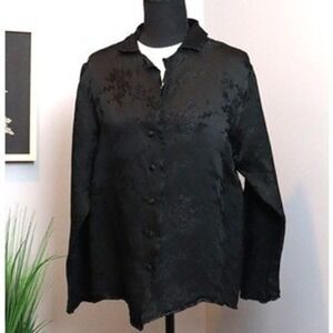 Cynthia Ashby Button Down Shirt Large Black Womens Floral Jacquard Blouse